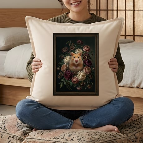 ハムスター（ゴールデンハムスター）クッション 45cm 花の油絵風カラーアート