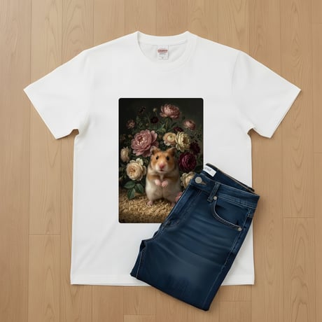 ファンシーハムスター半袖Tシャツ 花の油絵風アート ホワイト 男女兼用