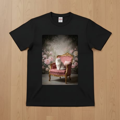 猫（チンチラペルシャ）半袖Tシャツ ロココ調シャビーピンク ブラック 男女兼用
