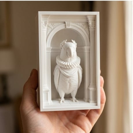 インコ（セネガルパロット）の3Dプリント ブックヌーク 白PLA 本棚インテリア