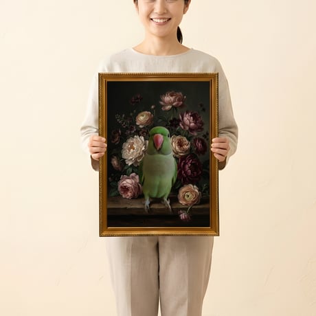 インコ（ワカケホンセイインコ）の花の油絵風アート A3額装インテリア壁掛け