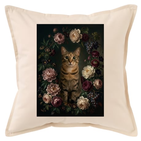 猫クッション 45cm 花の油絵風カラーアート