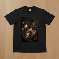 猫（バーミーズ）半袖Tシャツ 花の油絵風アート ブラック 男女兼用
