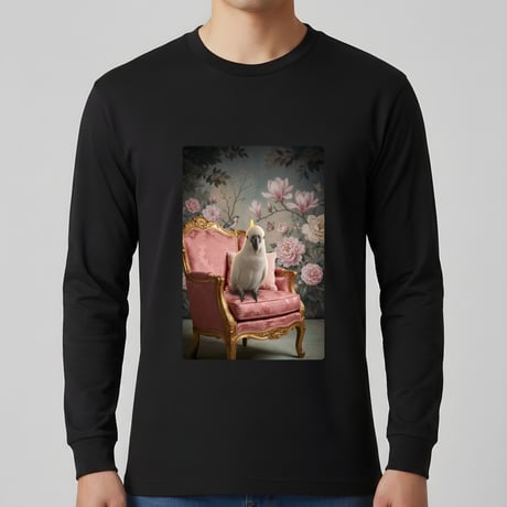 インコ（タイハクオウム）長袖Tシャツ ロココ調シャビーピンク ブラック 男女兼用