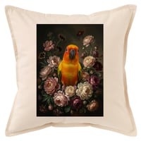 インコ（コガネメキシコインコ）クッション 45cm 花の油絵風カラーアート