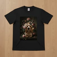犬（コッカースパニエル）半袖Tシャツ 花の油絵風アート ブラック 男女兼用