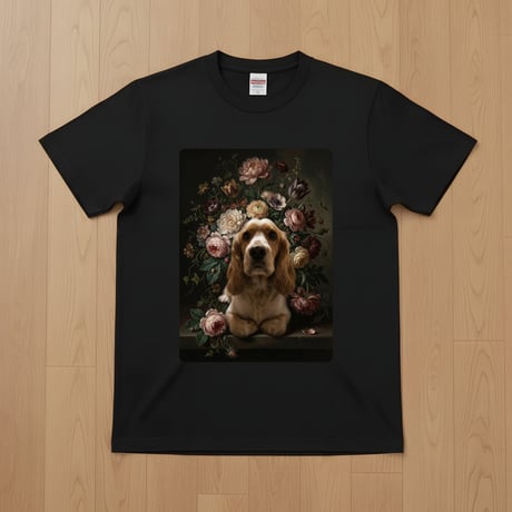 犬（コッカースパニエル）半袖Tシャツ 花の油絵風アート ブラック 男女兼用