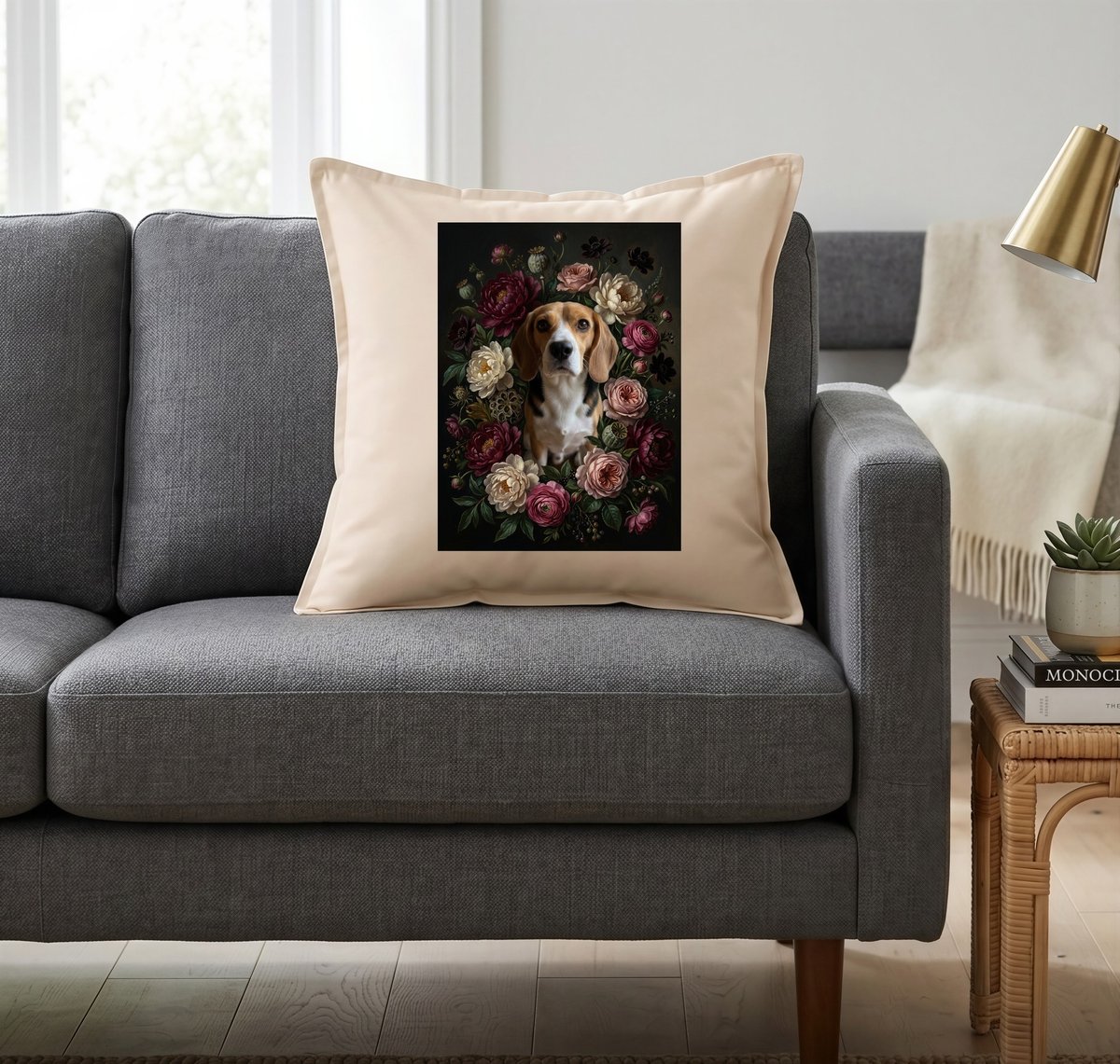 犬（ビーグル）クッション 45cm 花の油絵風カラーアート | うちの子