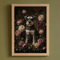 犬（ミニチュアシュナウザー）の花に囲まれた油絵風アート A4額装インテリア壁掛け