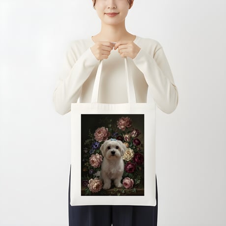 犬（マルチーズ）トートバッグ 花の油絵風アート キャンバス地