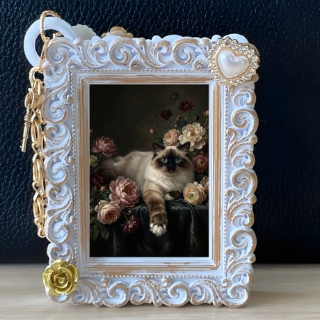猫（ヒマラヤン）バッグチャーム 花の油絵風アート ホワイト額縁