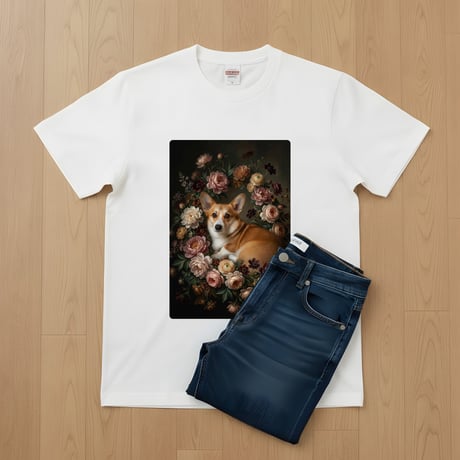 犬（コーギー）半袖Tシャツ 花の油絵風アート ホワイト 男女兼用