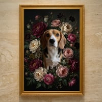 犬（ビーグル）の花に囲まれた油絵風アート A3額装インテリア壁掛け