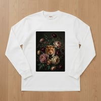 ゴールデンハムスター長袖Tシャツ 花の油絵風アート ホワイト 男女兼用