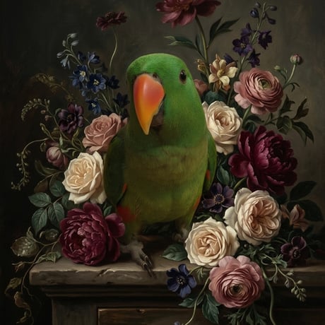 インコ（オオハナインコ）の花に囲まれた油絵風アート A4額装インテリア壁掛け