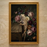 イグアナ（サバクイグアナ）の花に囲まれた油絵風アート A3額装インテリア壁掛け
