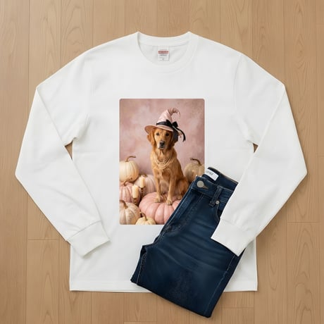 犬（ゴールデンレトリバー）長袖Tシャツ ハロウィン限定 ホワイト 男女兼用