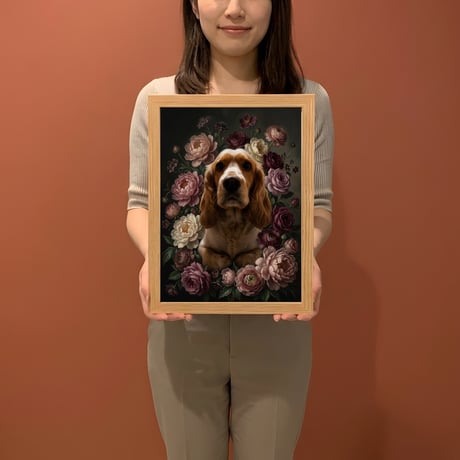 犬（コッカースパニエル）の花に囲まれた油絵風アート A4額装インテリア壁掛け