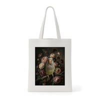 インコ（オキナインコ）トートバッグ 花の油絵風アート キャンバス地