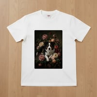 犬（ボーダーコリー）半袖Tシャツ 花の油絵風アート ホワイト 男女兼用