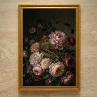 アサヒスズメの花に囲まれた油絵風アート A3額装インテリア壁掛け