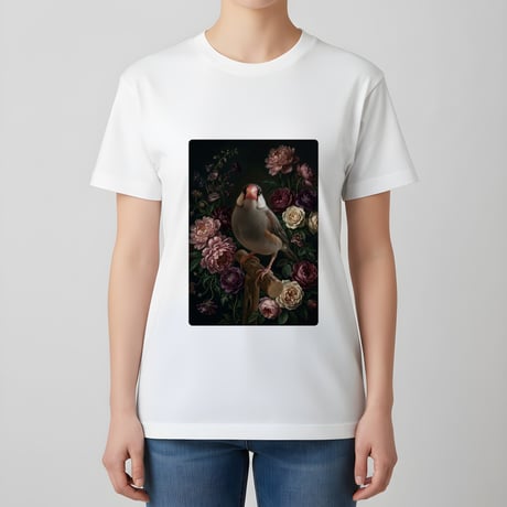 文鳥・ブンチョウ半袖Tシャツ 花の油絵風アート ホワイト 男女兼用