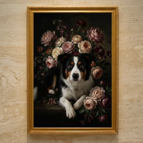 犬（ボーダーコリー）の花に囲まれた油絵風アート A3額装インテリア壁掛け