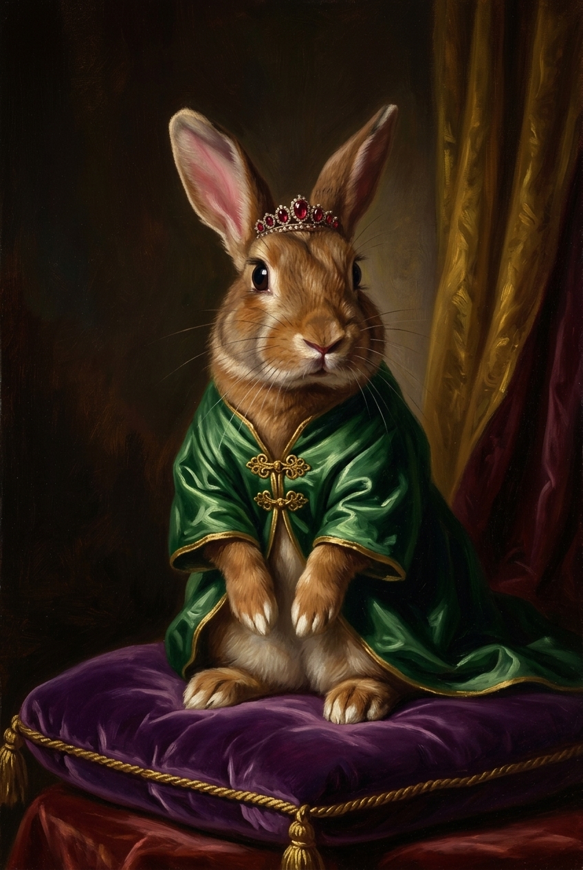 うさぎ（サテン）のルネサンス風肖像画 油絵風アートA4額装インテリア