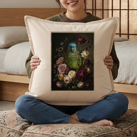 インコ（アオボウシインコ）クッション 45cm 花の油絵風カラーアート