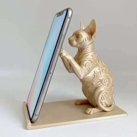 猫（スフィンクス）のスマホスタンド 卓上 シルクゴールド