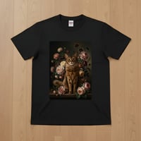 猫（ソマリ）半袖Tシャツ 花の油絵風アート ブラック 男女兼用