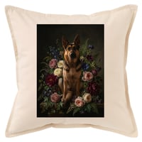 犬（ジャーマンシェパード）クッション 45cm 花の油絵風カラーアート