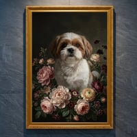 犬（シーズー）の花に囲まれた油絵風アート A4金縁額装インテリア壁掛け