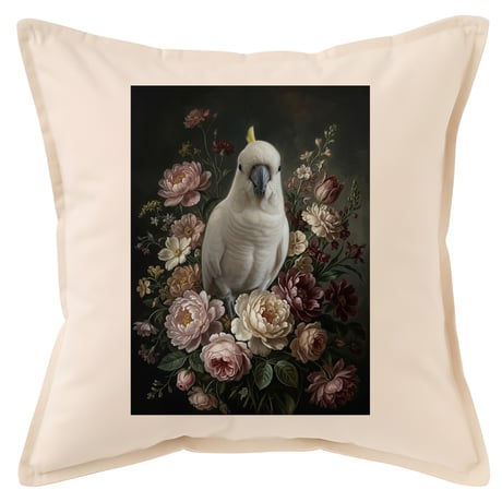 インコ（タイハクオウム）クッション 45cm 花の油絵風カラーアート