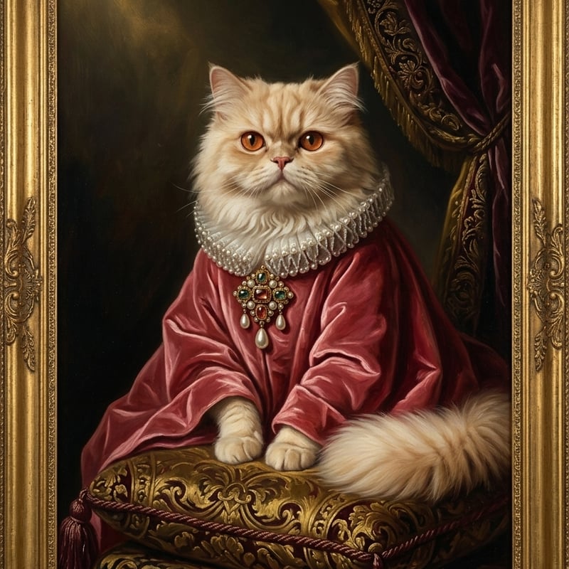 猫（ペルシャ猫）のルネサンス風肖像画 油絵風アートA4額装インテリア