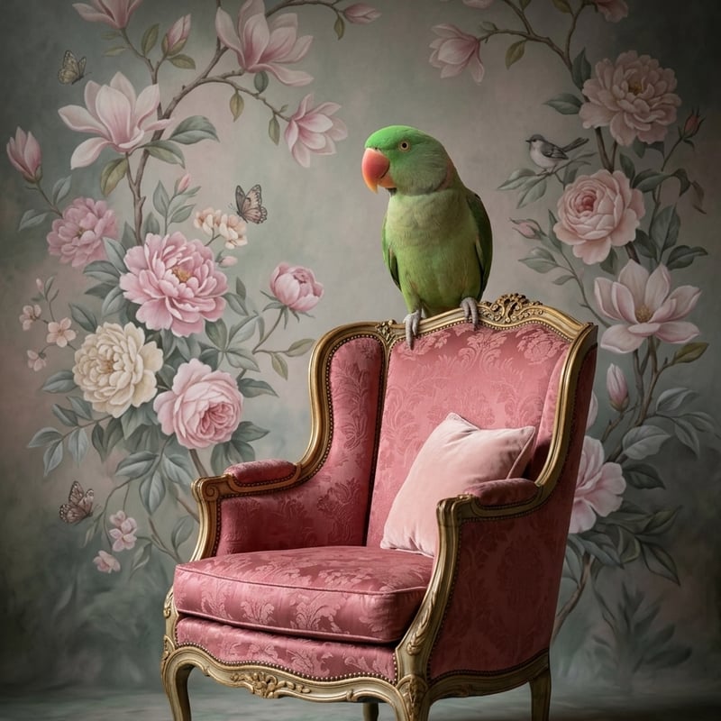 インコ（オオハナインコ）のロココ調シャビーピンクアート A4額装
