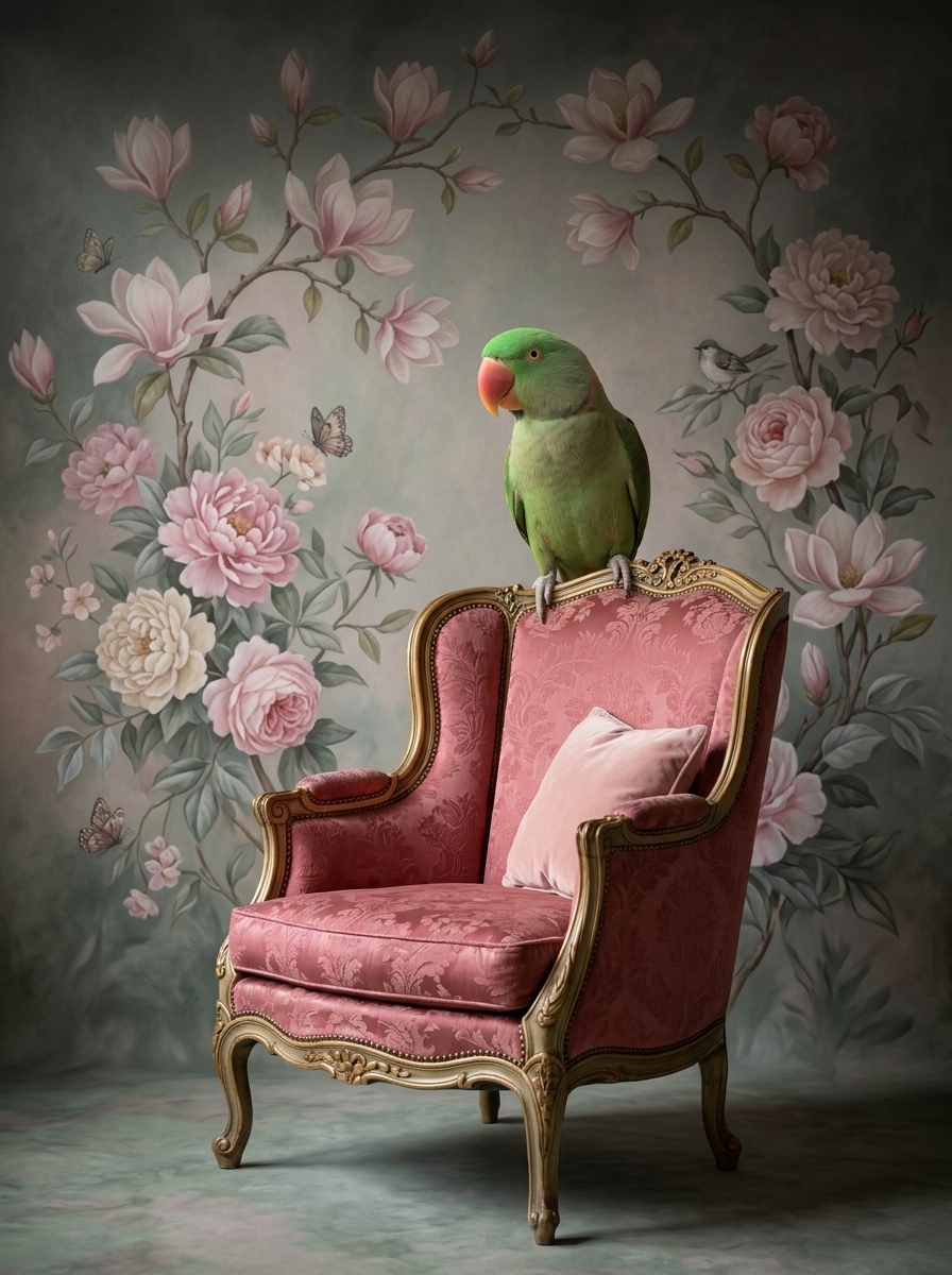インコ（オオハナインコ）のロココ調シャビーピンクアート A4額装