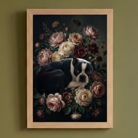 犬（ボストンテリア）の花に囲まれた油絵風アート A4額装インテリア壁掛け