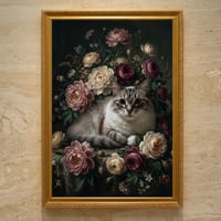 猫（ラグドール）の花に囲まれた油絵風アート A3額装インテリア壁掛け
