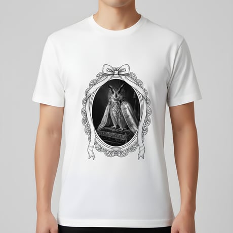 ベンガルワシミミズク半袖Tシャツ ルネサンス風モノクロアート ホワイト 男女兼用