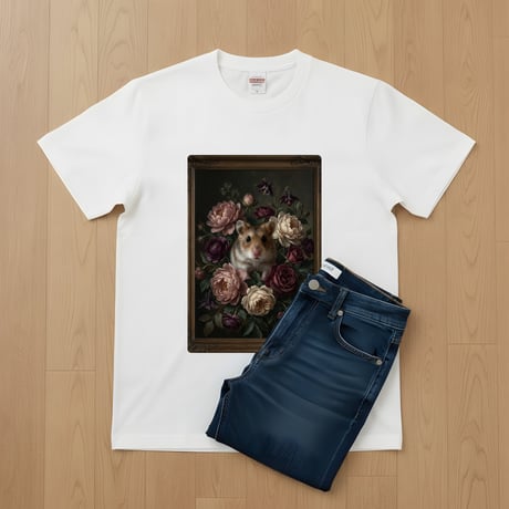 ロボロフスキーハムスター半袖Tシャツ 花の油絵風アート ホワイト 男女兼用