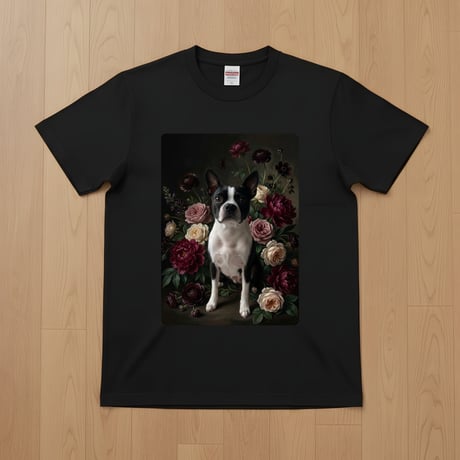 犬（ボストンテリア）半袖Tシャツ 花の油絵風アート ブラック 男女兼用