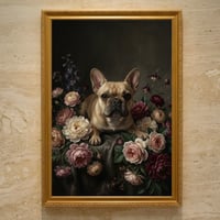 犬（フレンチブルドッグ）の花に囲まれた油絵風アート A3額装インテリア壁掛け