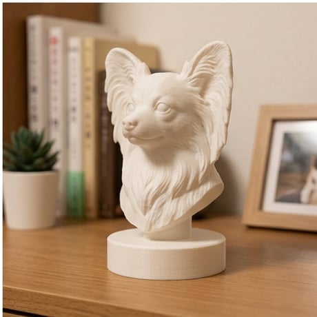 犬（パピヨン）の3Dプリント胸像 白PLA 彫刻 置物 インテリア