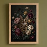 猫（バーミーズ）の花に囲まれた油絵風アート A3額装インテリア壁掛け