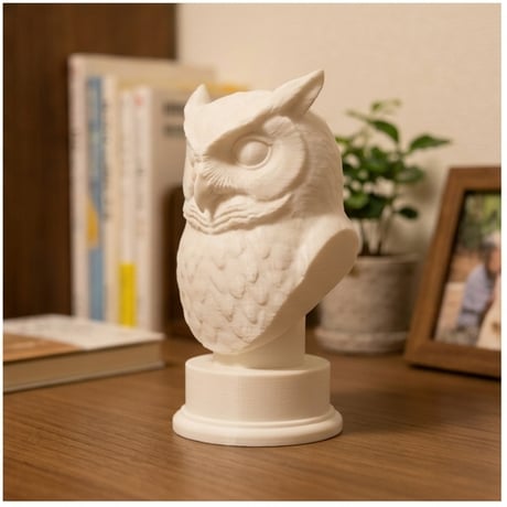 コノハズクの3Dプリント胸像 白PLA 彫刻 置物 インテリア
