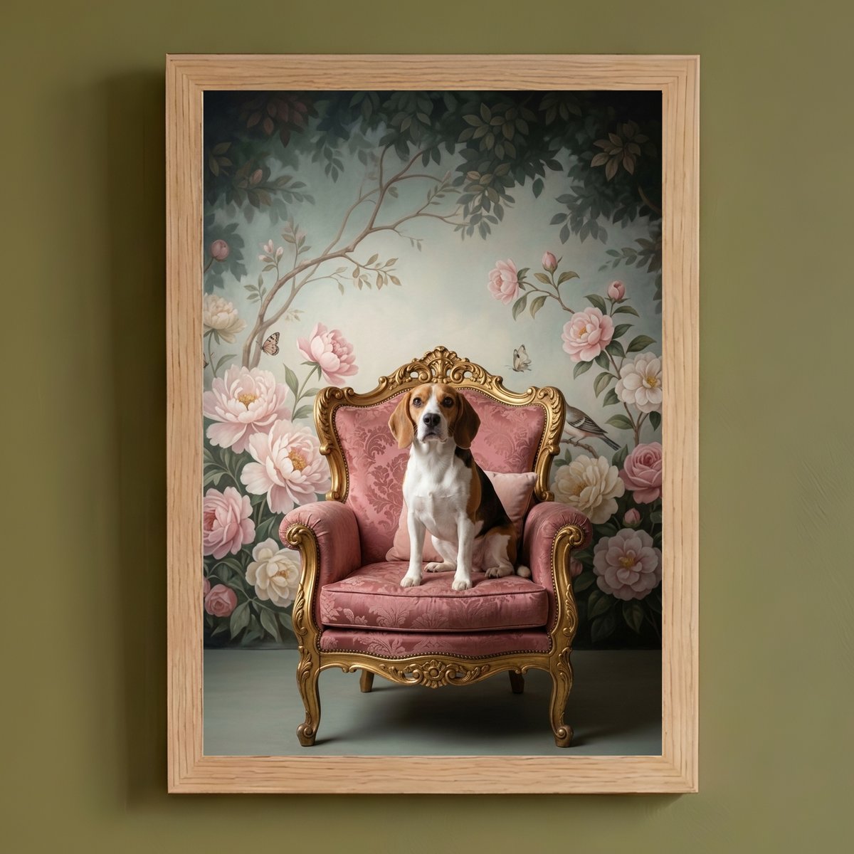 犬（ビーグル）のロココ調シャビーピンクアート A4額装インテリア