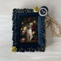 猫（バーミーズ）バッグチャーム 花の油絵風アート ブラック額縁