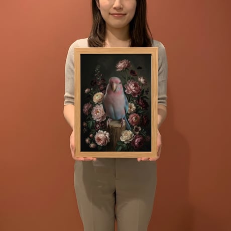 インコ（アキクサインコ）の花に囲まれた油絵風アート A4額装インテリア壁掛け