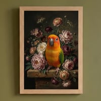 インコ（コガネメキシコインコ）の花の油絵風アート A4額装インテリア壁掛け
